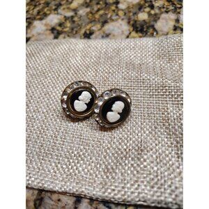 Vintage Cameo Rhinestone Screw Back Earrings Mid Century Black White Gold